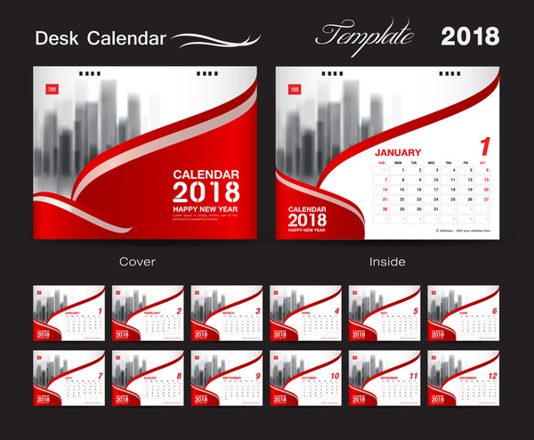 Modèle de bureau calendrier 2018 avec vecteur de couverture rouge 09  