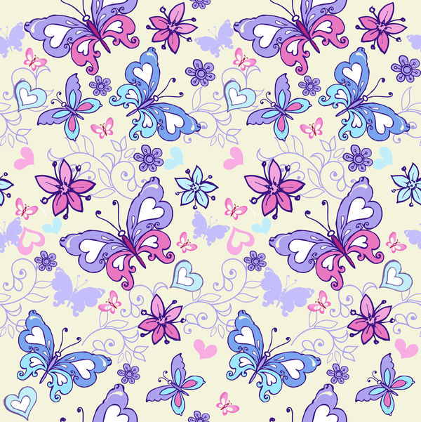 青とピンクの蝶のベクトルと花のシームレスなパターン  
