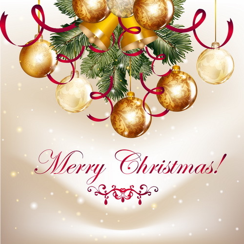 Golden christmas balls with spruce branches and xmas background vector 01  