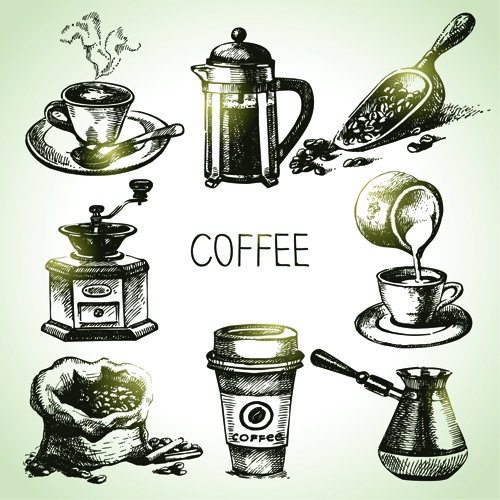 Hand drawn coffee elements vector icons  