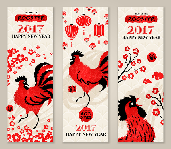 Happy new year 2017 banners with rooster vector 01  
