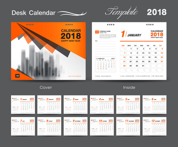 2018年のベクトルテンプレート08のためのオレンジ色のカバーデスクカレンダー  