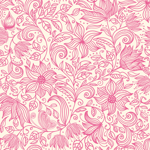 Pink outlines flower seamless pattern vector 03  
