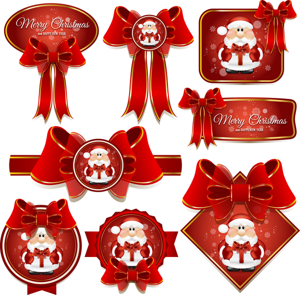 Red bows with red christmas labels vector set  