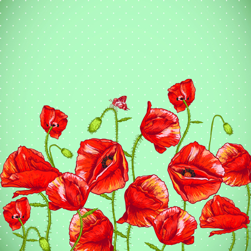 Retro red poppies cards vector graphics 05  