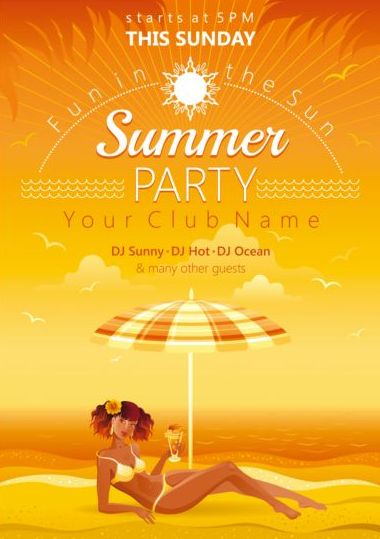 Summer party flyer with beautiful girl vector 01  