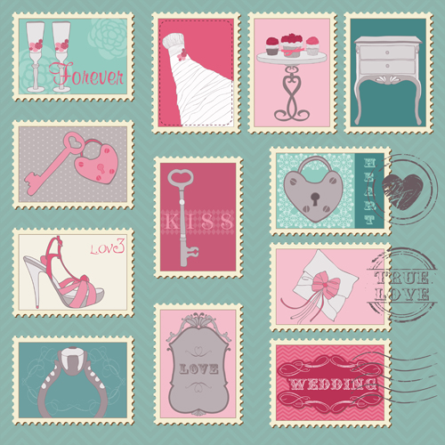 Wedding with love postage stamps vintage vector 05  