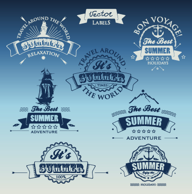 White with dark blue summer travel labels vector 01  