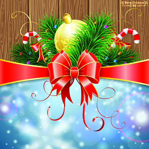 Wood board and red ribbon christmas background vector  