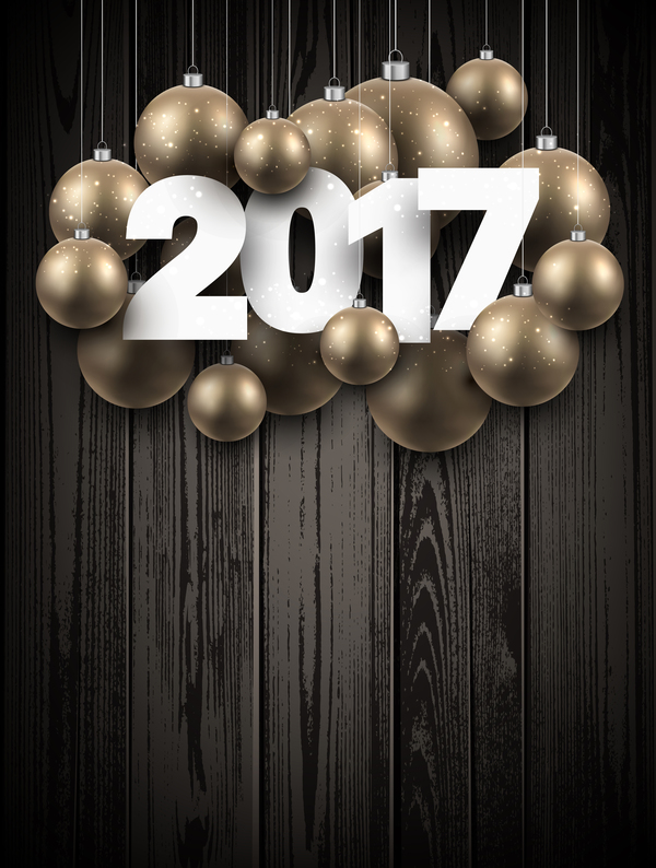2017 gyllene jul kula med trä bakgrund vektor  