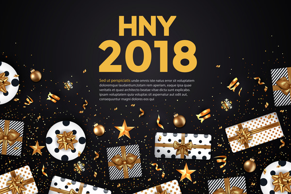 2018 New year card black and gold vector design 03  