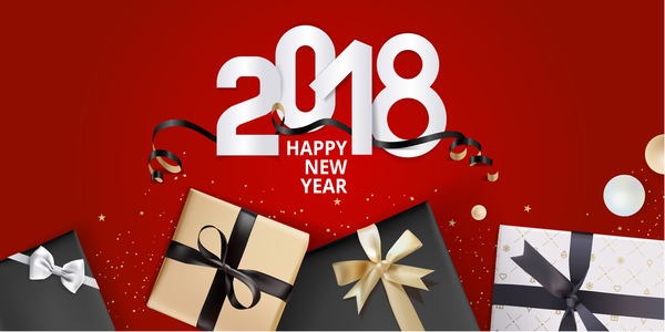 Neujahrsgeschenkbox 2018 mit rotem Hintergrundvektor 02  