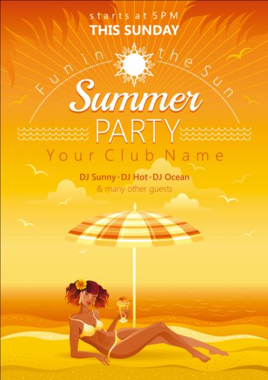Strand-Party-Plakat mit schönen Mädchenvektor 01  