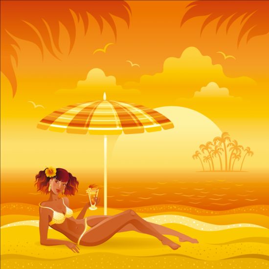 Красивая девушка с летним пляжем фон вектор 04  