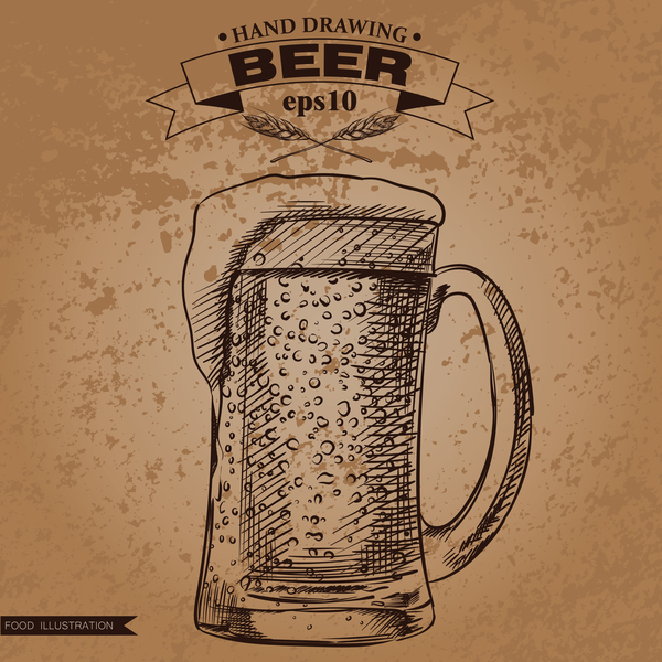 Grunge background et main dessinant des vecteurs de bière 03  