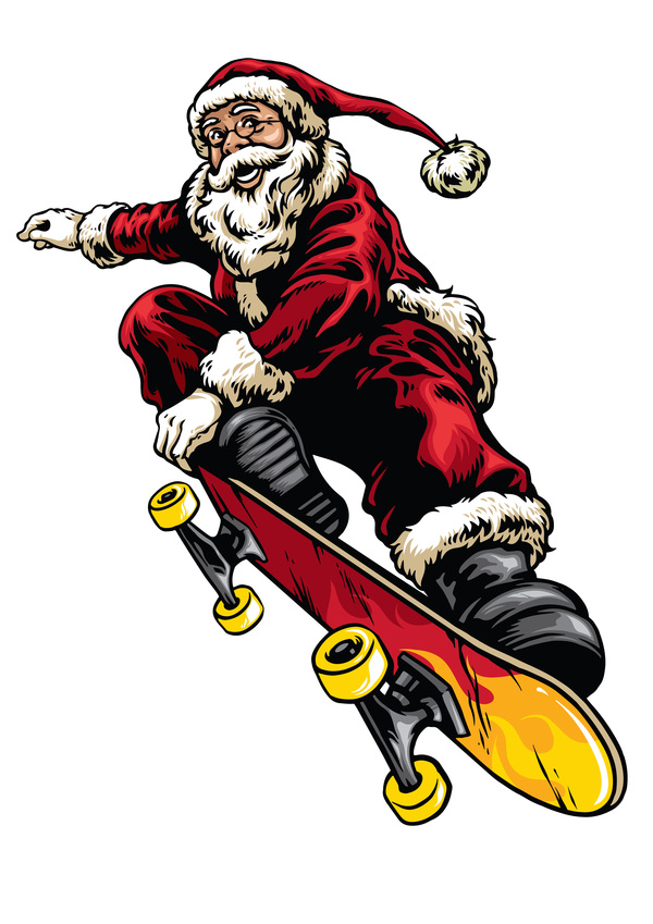サンタライディングスケートボードベクトルの手描きのスタイル  