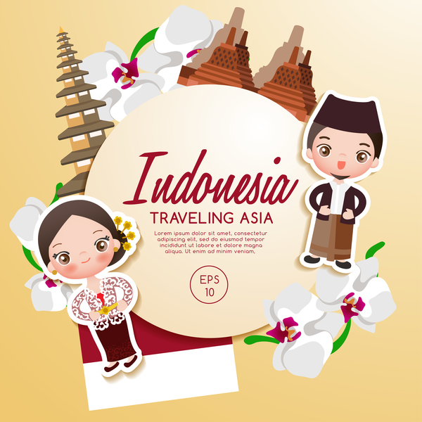 インドネシア旅行漫画テンプレート ベクトル  