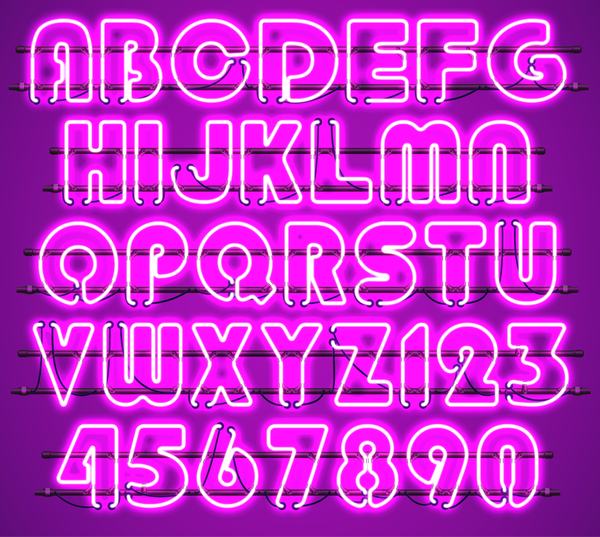 Purple neon alphabet with numbers vector 01  