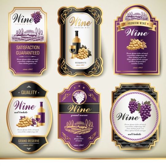Purple with black wine labels vintage vector  