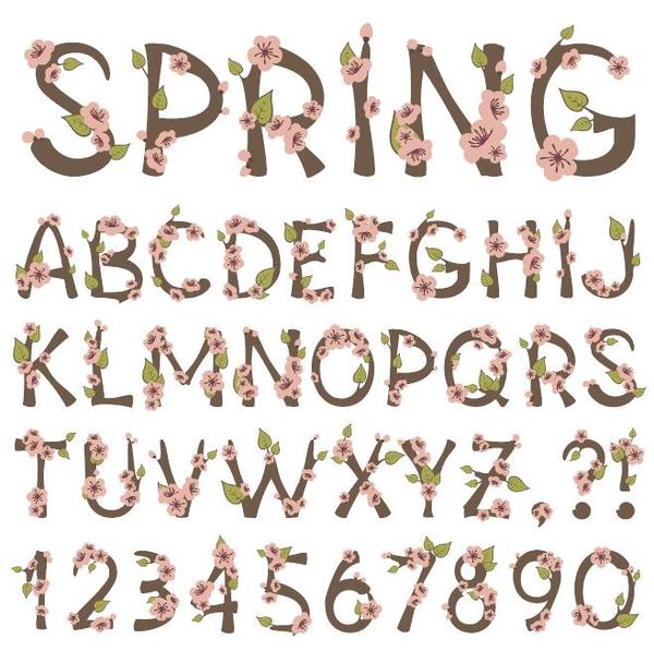 数字ベクトルと春の花のアルファベット  