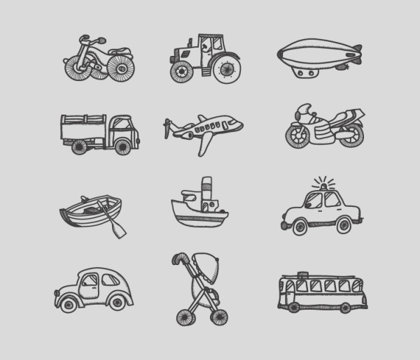 Transportation hand drawing icons set  