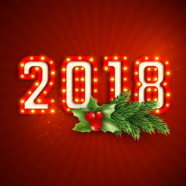 Texte au néon 2018 avec vecteur de fond rouge nouvel an  