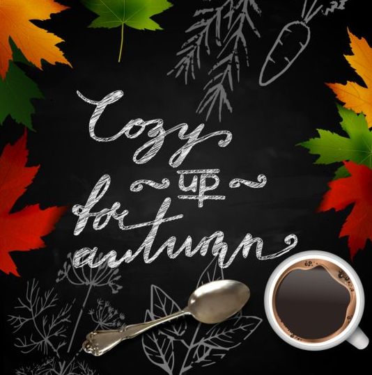 Herfst blaadjes met koffie en schoolbord achtergrond vector 01  