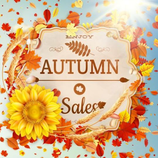 Herfst verkoop etiketten met zonnebloem en bladeren achtergrond vector 01  