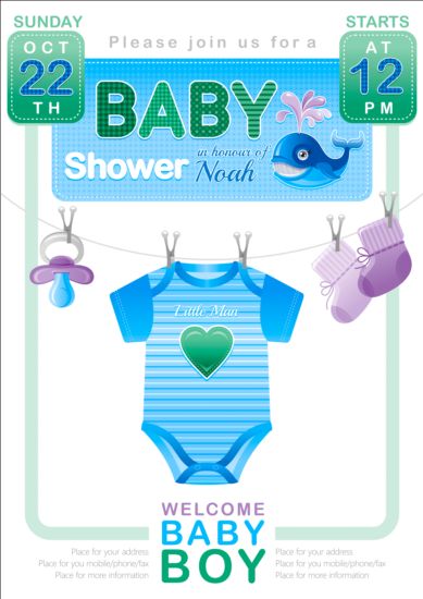 Baby shower card con vettore di vestiti 01  