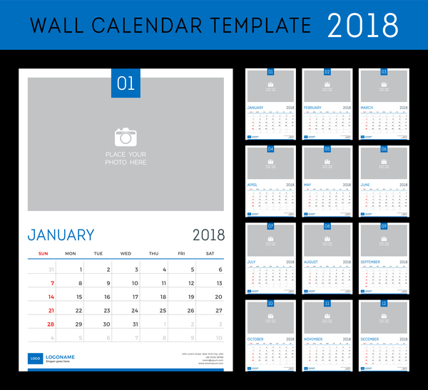 Blauer Kalender 2018 Vorlagenvektor  