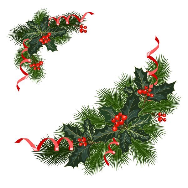 Christmas pine branches with holly ornaments vector illustration 01  