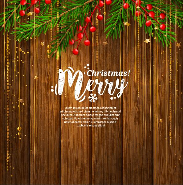 Christmas vintage card with wooden background vector 02  