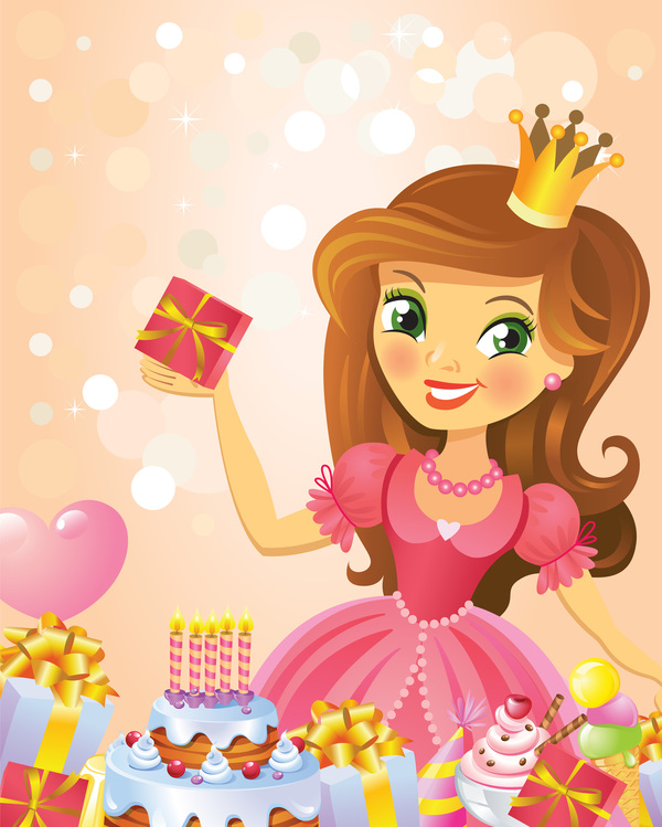 Cute princess with happy birthday backgroud vector 02  