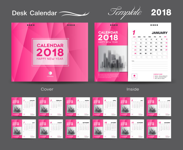デスクカレンダー2018テンプレートデザイン、ピンクカバーベクター06  