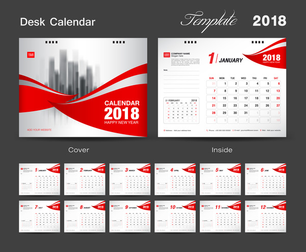 Modèle de bureau calendrier 2018 avec vecteur de couverture rouge 08  