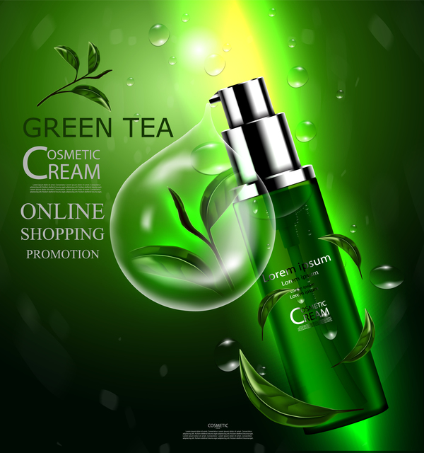 Kosmetischer Cremewerbungsplakatschablonenvektor 14 des grünen Tees  