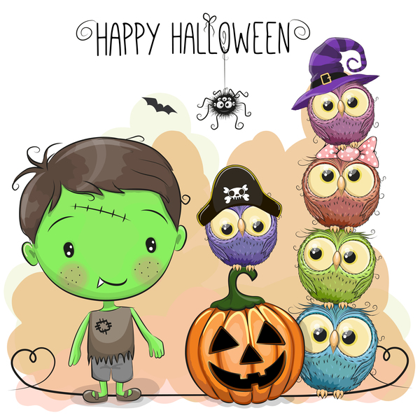 Halloween-Elemente mit nettem Kinderkarikaturvektor 04  