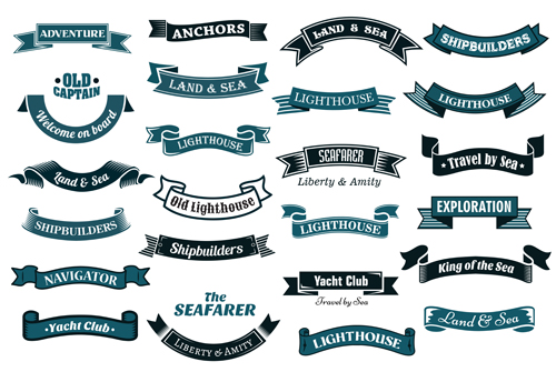 Nautical ribbon banners vector set  