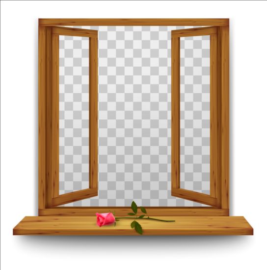 Open window with red rose and transparent background  