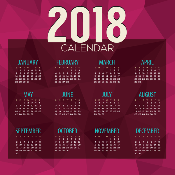 Violet avec calendrier 2018 rouge avec vecteur de fond de polygone  