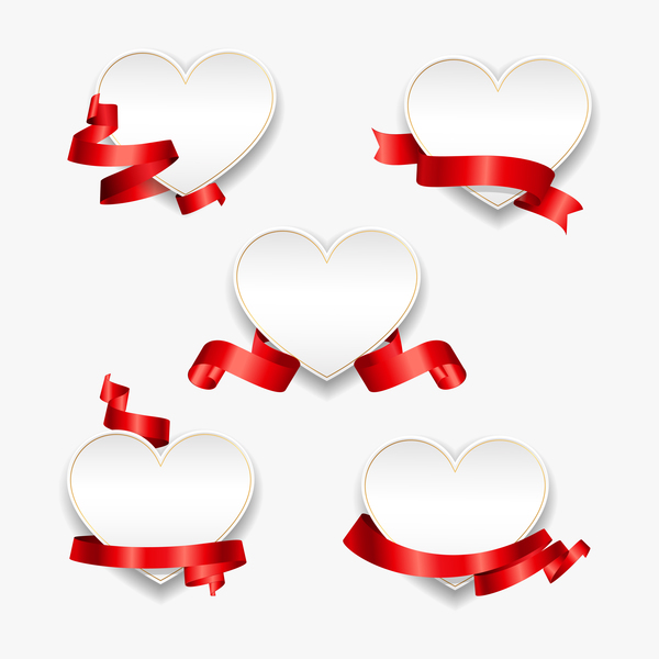 Red ribbon with heart cards vector set 04  