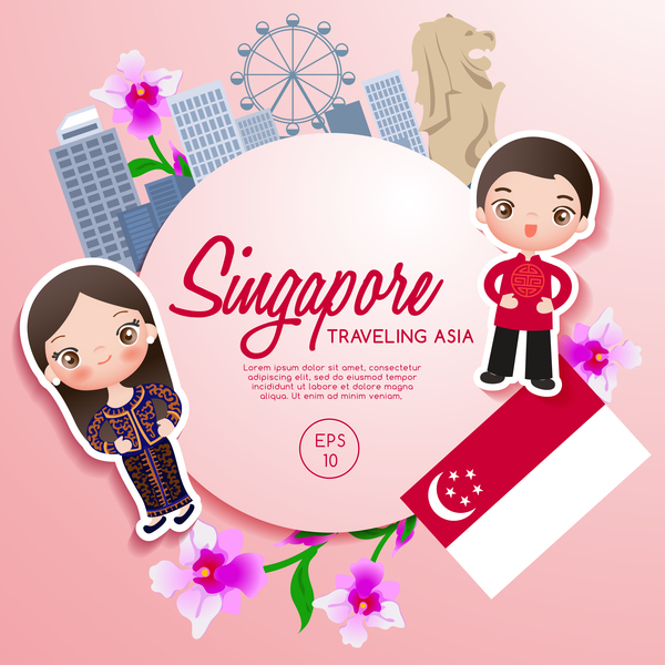 シンガポール旅行漫画テンプレート ベクトル  