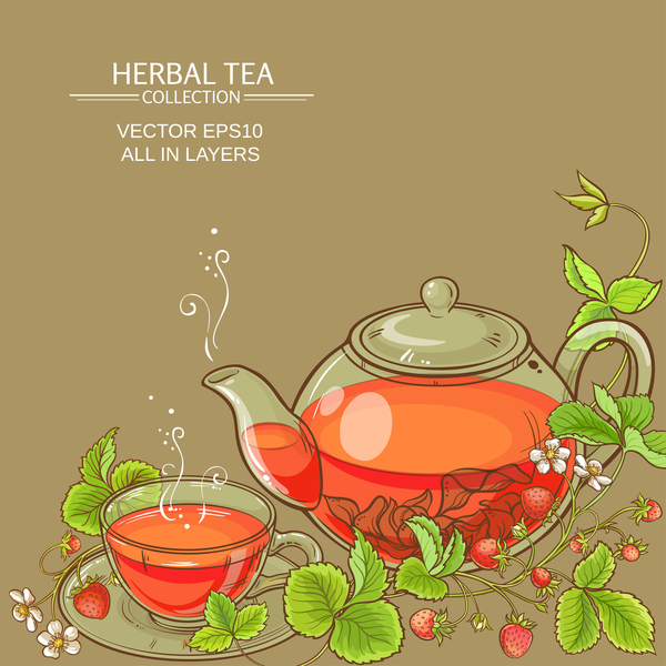 Strawberry with herbal tea vector background  