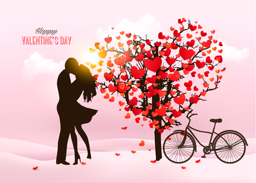 Valentine heart tree with bicycle romance vector 01  