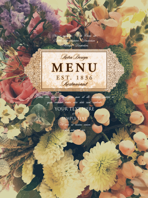 Vintage restaurant menu cover with flower blurs background vector 05  