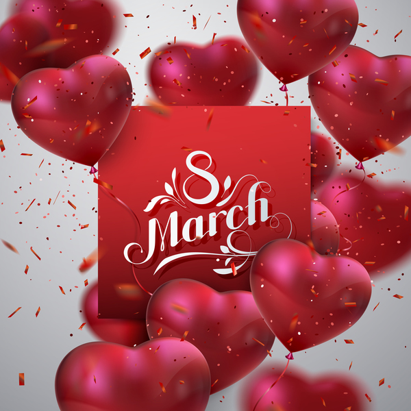 8. März Womens-Tageskarte mit Herzformballonen vector 05  