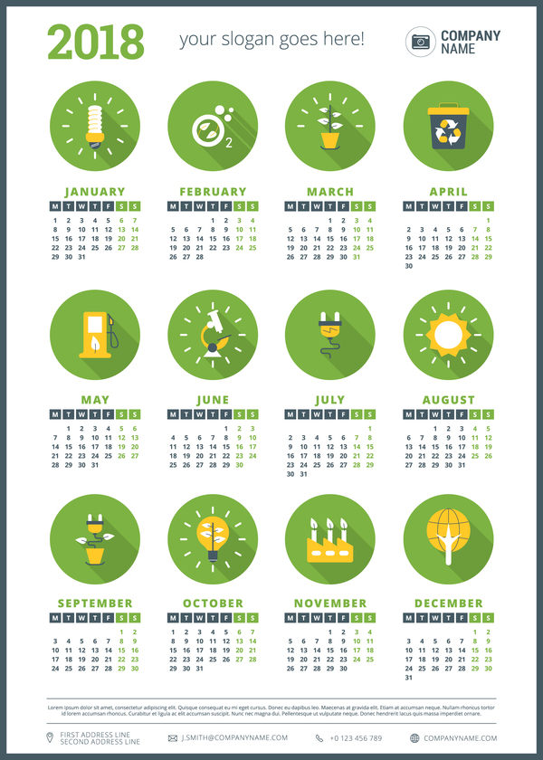 サークルグリーン2018社のカレンダーベクトル  