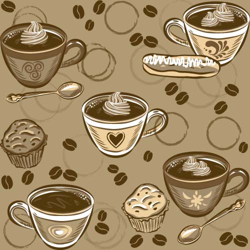 Coffee cup and spoon vintage vector pattern 02  