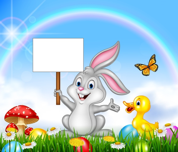 Cute bunny easter background with rainbow vector 03  