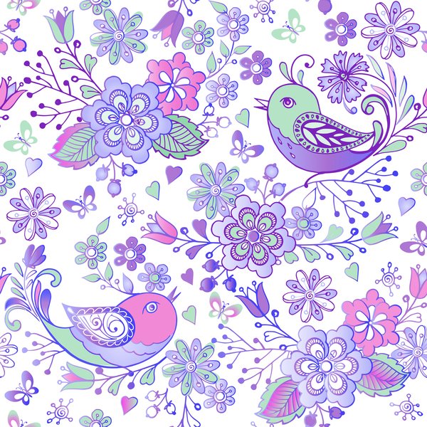 鳥と花のベクトルとかわいいシームレスなパターン  